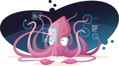 a squid interacting with a futuristic computer screen