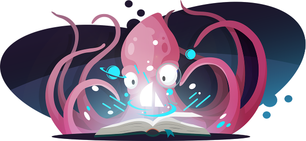 A squid peering inside a book, halation and cosmic Sails.js knowledge emanating from the pages of the substantial tome